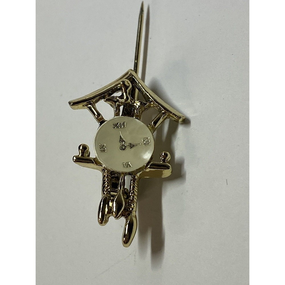 Vintage Gold Tone Cuckoo Clock Pearlized Face Teeny Brooch Pin